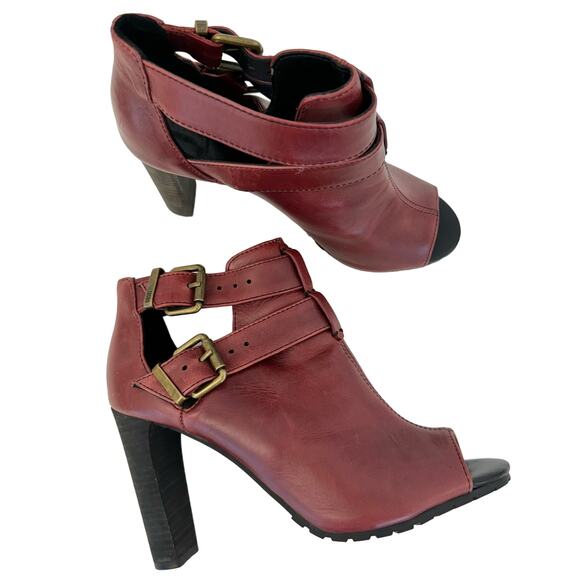Diesel High Heel Booties Peep-Toe Dark Red Combat Sole | Size US 9 - Picture 1 of 12